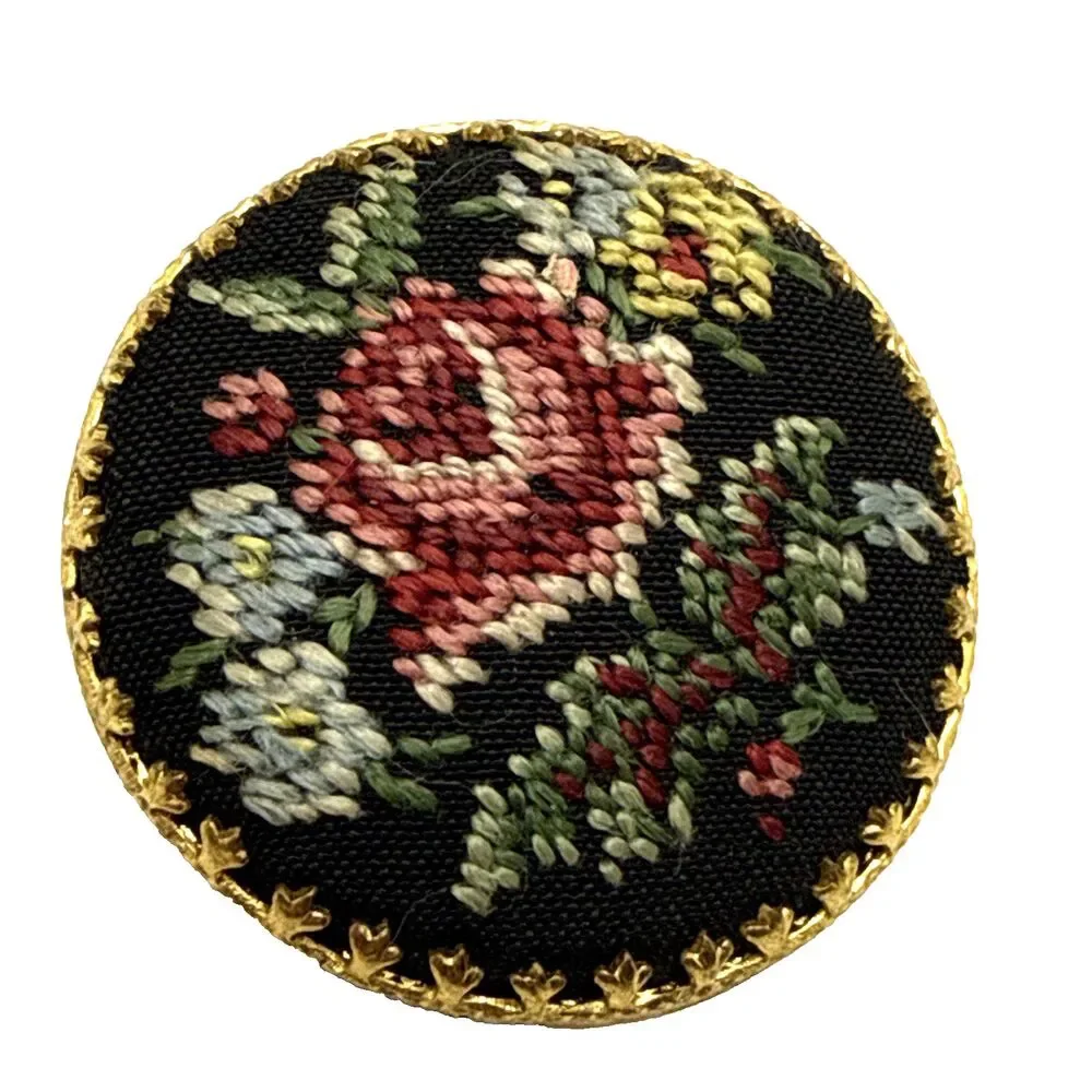 Vintage NeedlePoint Rose Brooch Gold Tone Hand Crafted Floral Pin 1 3/8